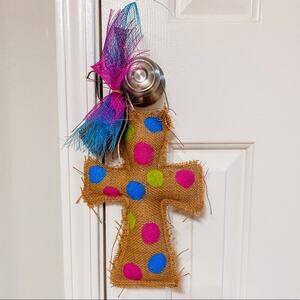 BOUTIQUE • Colorful Polkadot Burlap Cross Decor Hanger